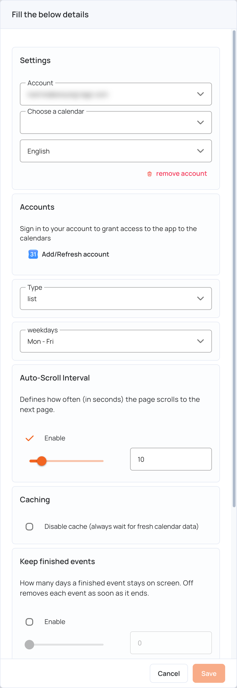 Google Calendar settings, top