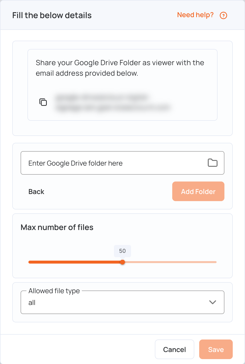 Google Drive window with the email address to share with