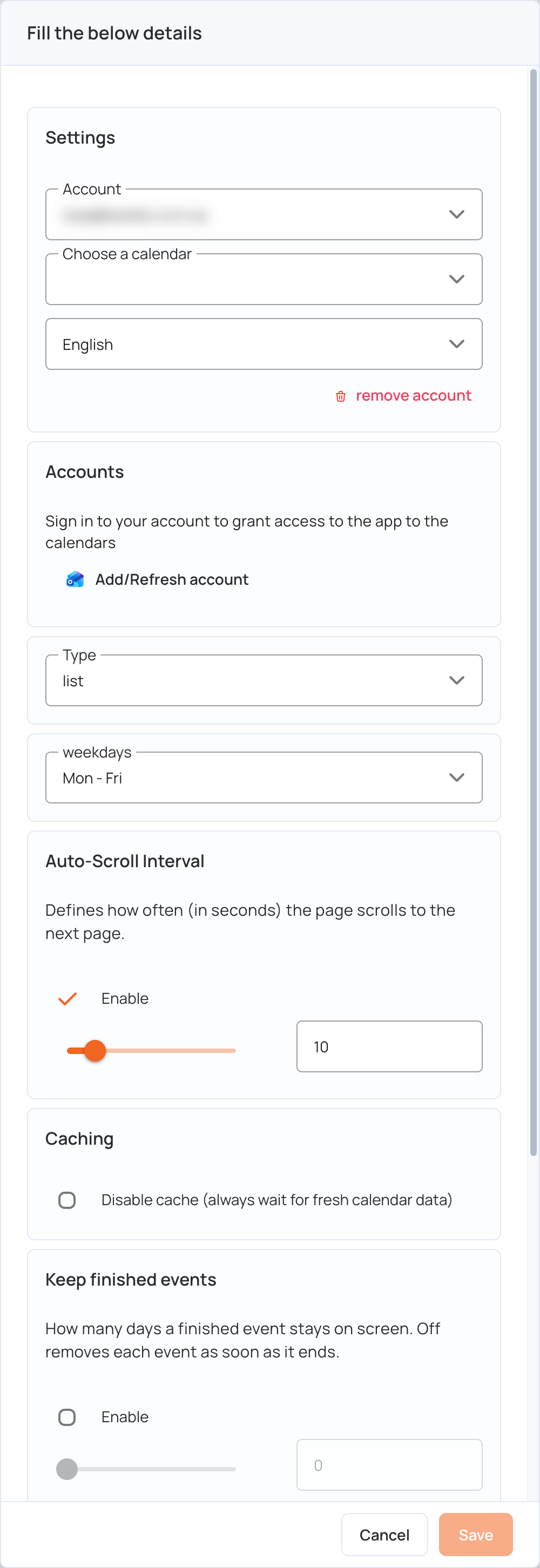 Outlook Calendar settings, top