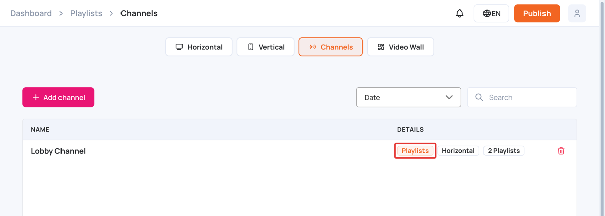 Channels list with the Playlists button