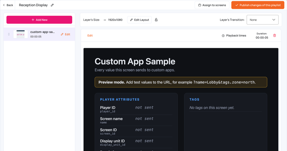 The sample custom app in a playlist layer