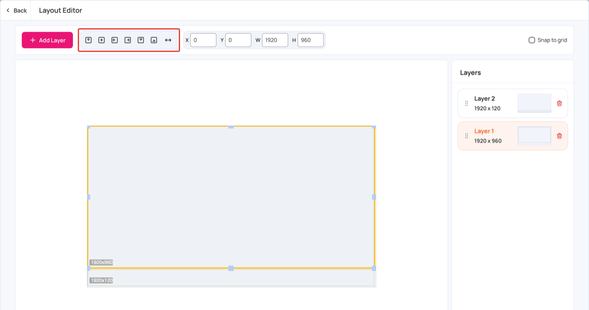 Alignment buttons and position fields