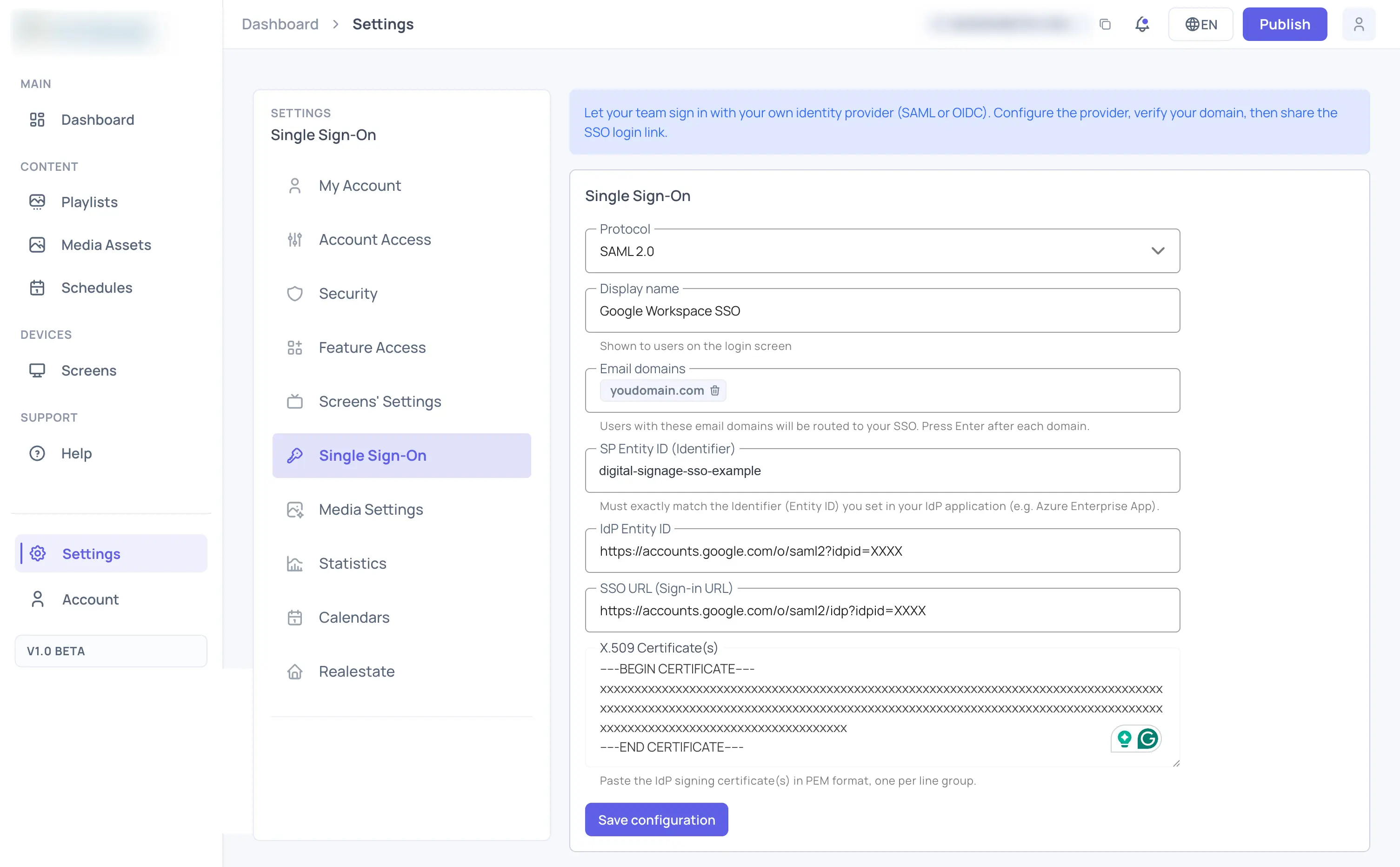 Single Sign-On Settings