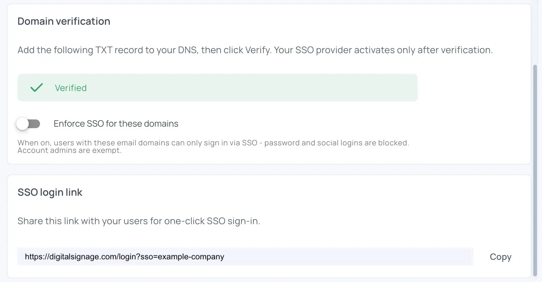 Verified SSO Settings
