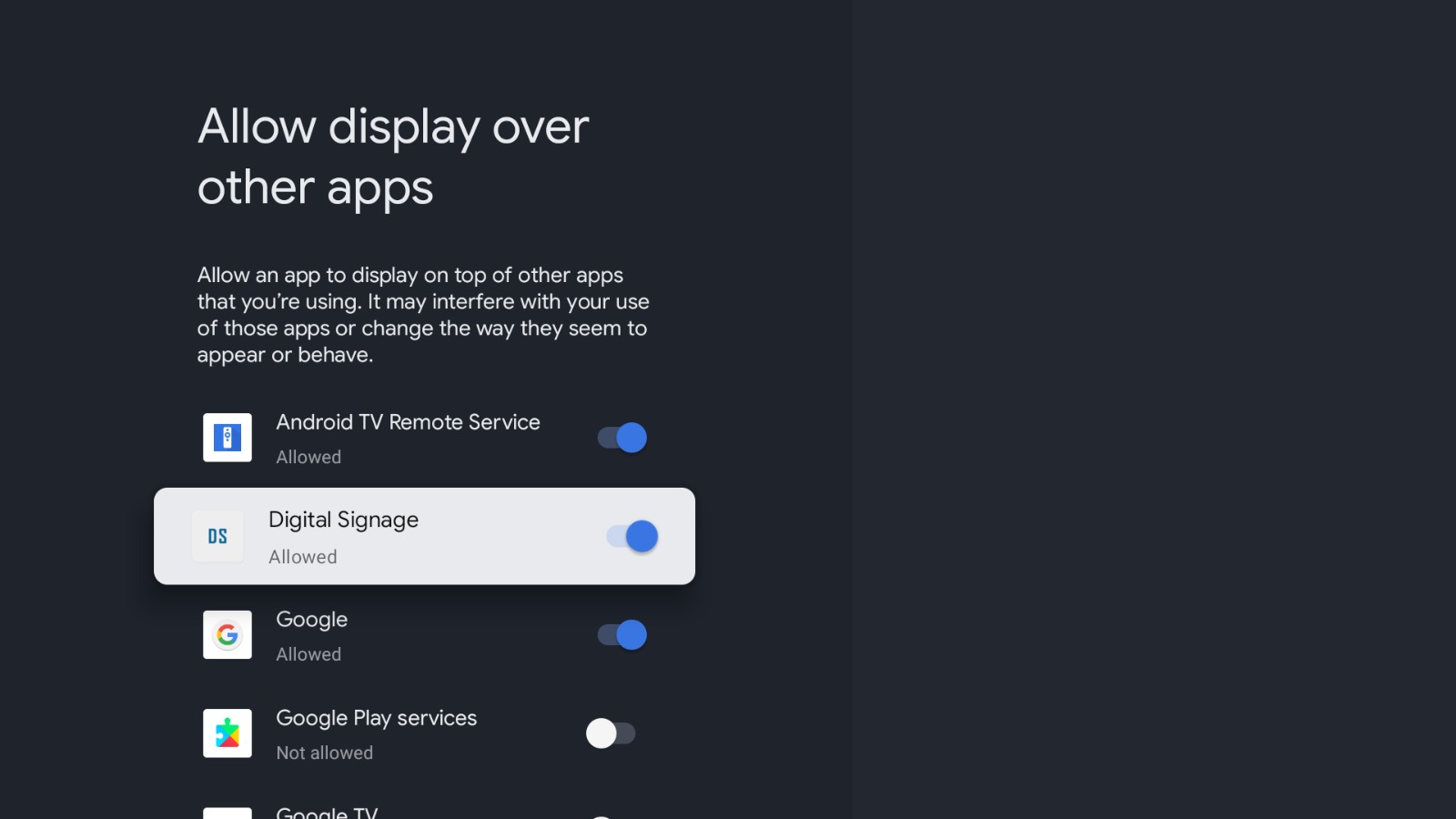 Android TV enable display over other apps