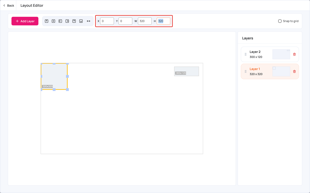 Layout Editor with the layer position and size
