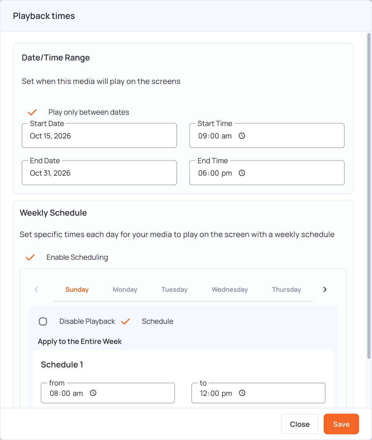 Date/Time Range in the Playback times window