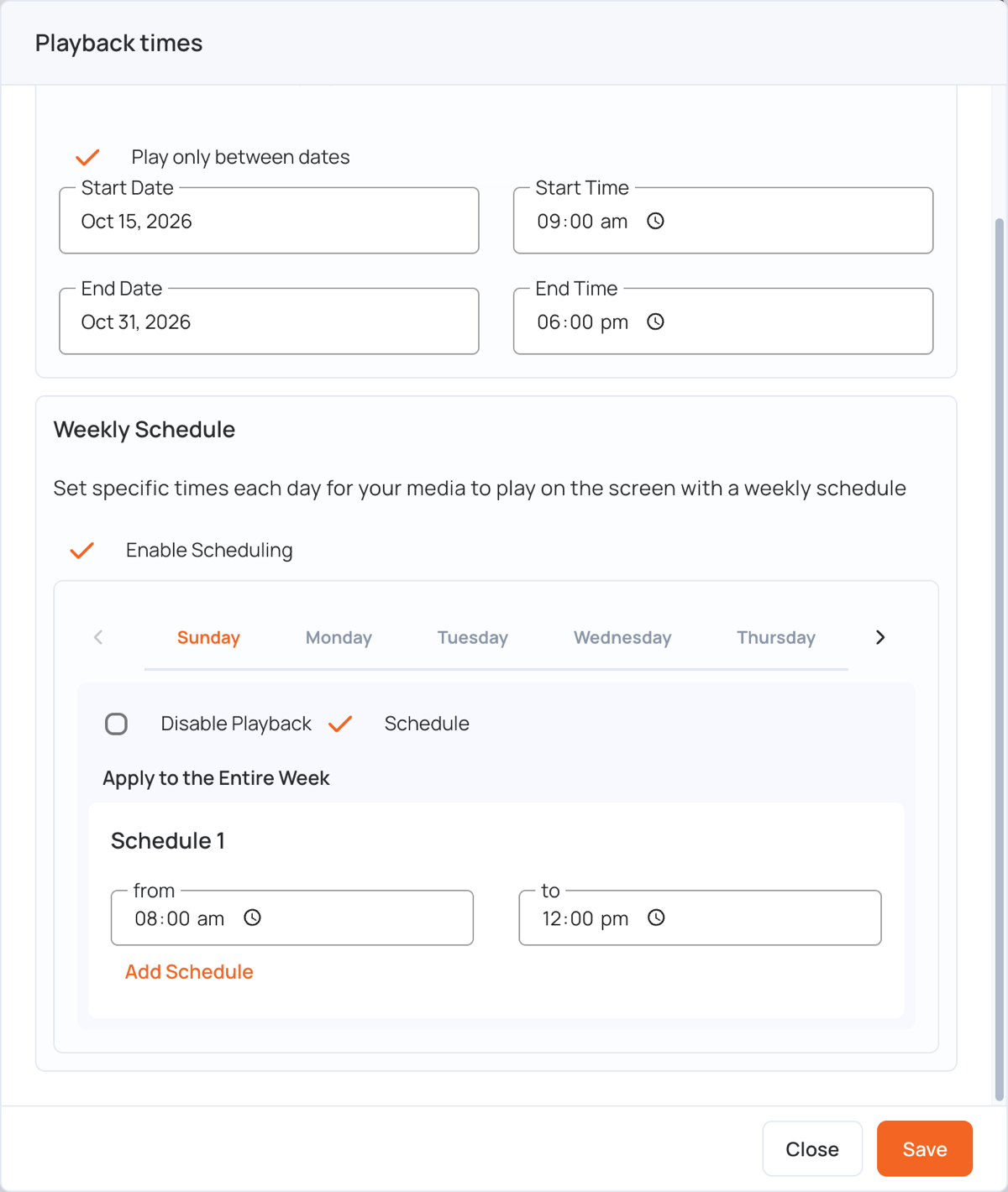 Weekly Schedule in the Playback times window