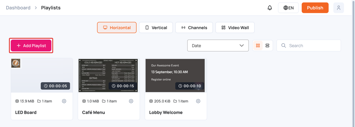 Playlists page with the Add Playlist button