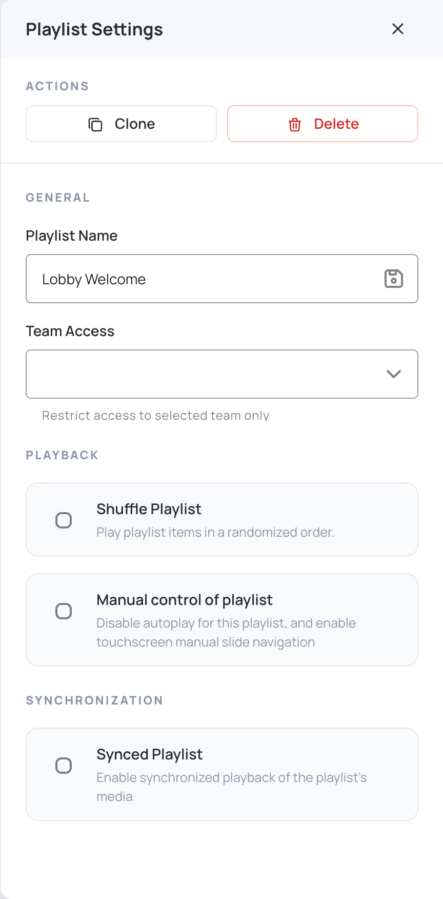 Playlist Settings panel