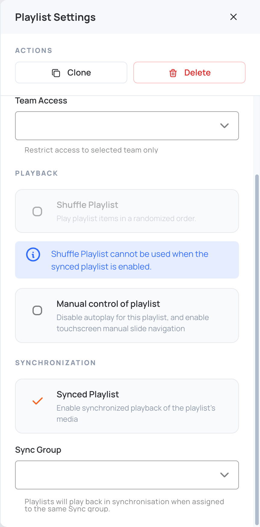 Synced Playlist and Sync Group in Playlist Settings