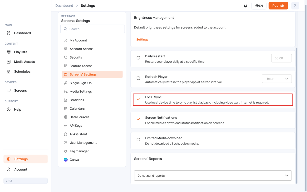 Local Sync in Screens’ Settings