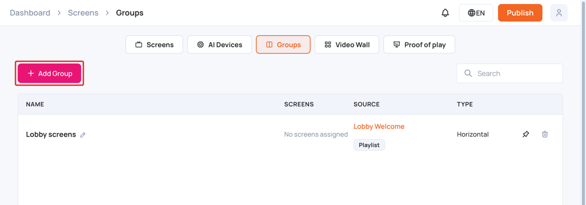 Groups tab with the Add Group button