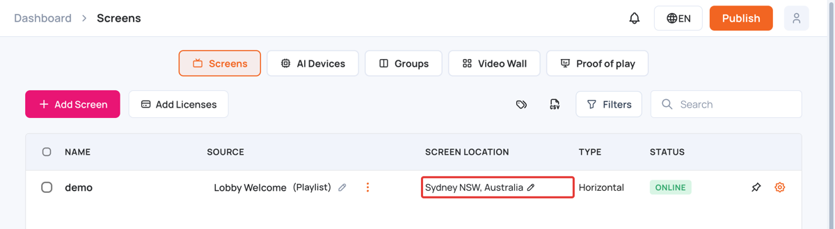 Screen Location column on the Screens page