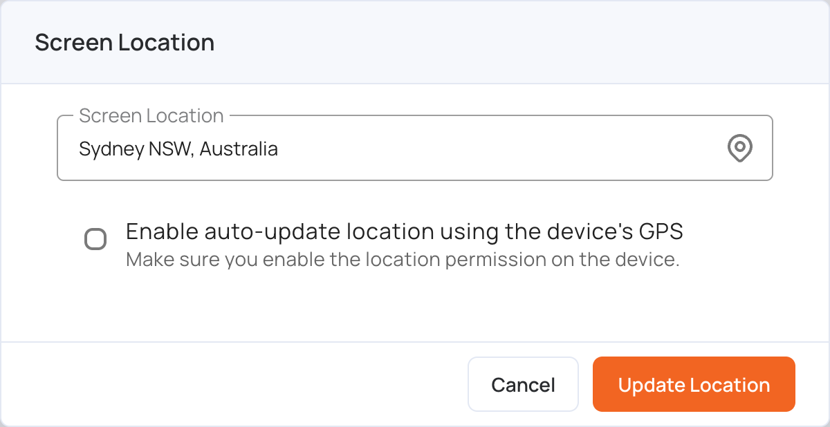Screen Location window with the GPS auto-update option
