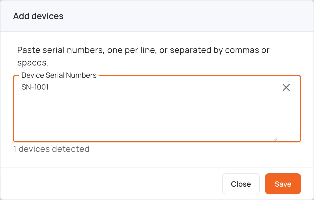 Add devices window with a serial number