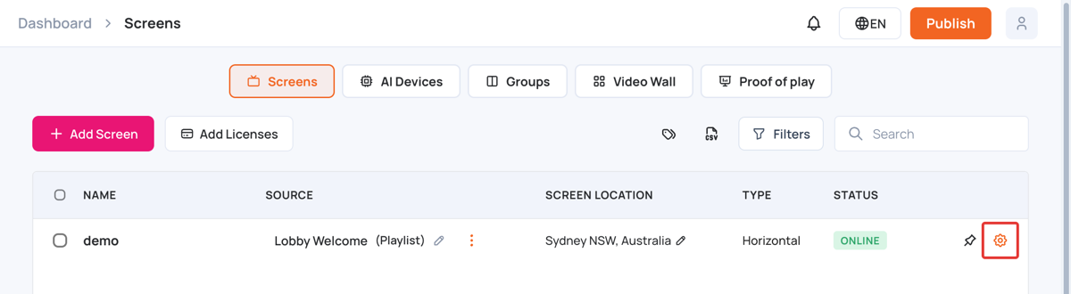 Screen Details icon on the Screens list