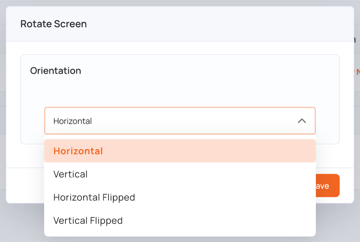 Rotate Screen dialog with the Orientation list open