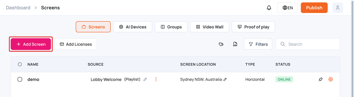 Screens page with the Add Screen button
