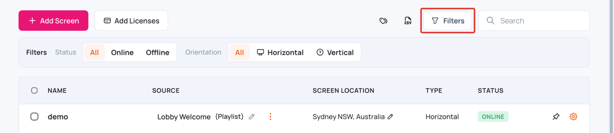 Filters on the Screens page