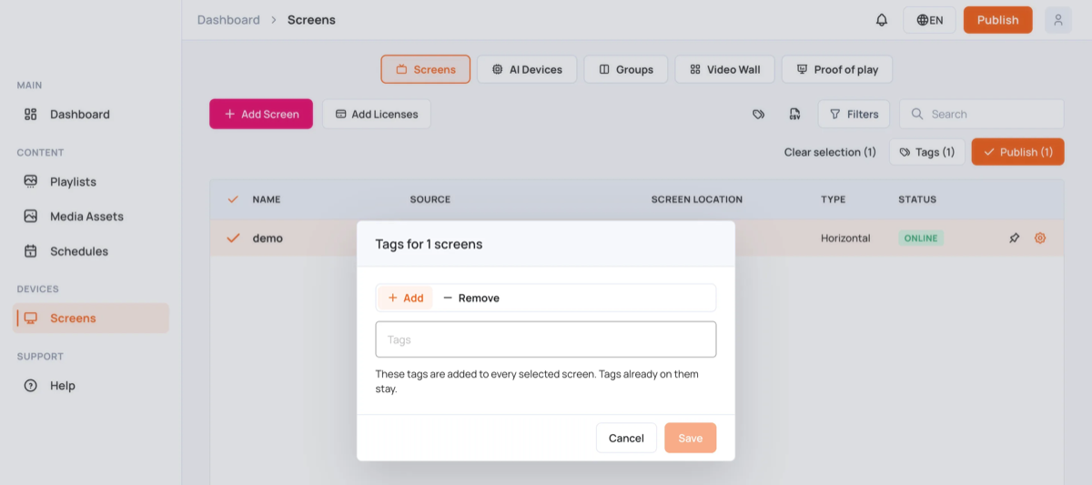 Tag Screens